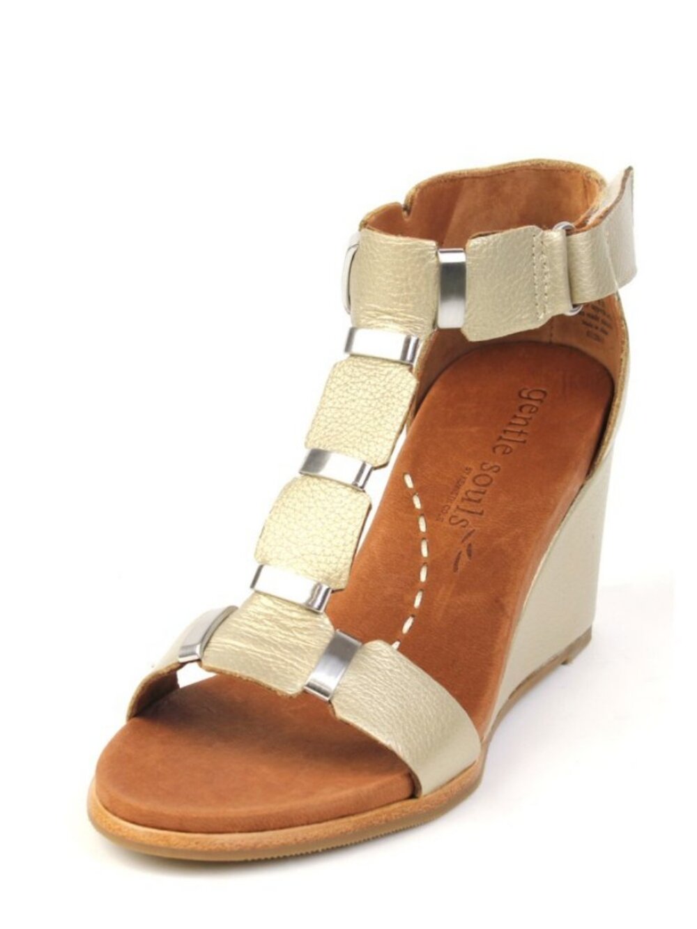 Gentle Souls Hey Gabe Soft Gold Ankle Strap Leather Wedge Sandal